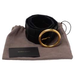 Pre Owned Bottega Veneta Black Orthogonal Maxi Weave Leather Circular Buckle Belt Size 75 CM