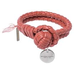 Pre Owned Bottega Veneta Salmon Pink Intrecciato Leather Double Strand Bracelet S