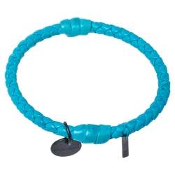 Pre Owned Bottega Veneta Blue Intrecciato Woven Leather Bangle Bracelet S