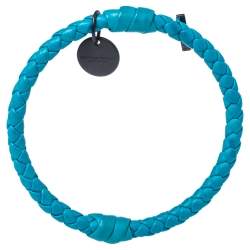 Pre Owned Bottega Veneta Blue Intrecciato Woven Leather Bangle Bracelet S