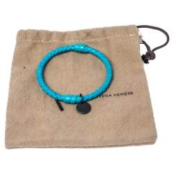 Pre Owned Bottega Veneta Blue Intrecciato Woven Leather Bangle Bracelet S