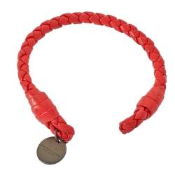 Pre Owned Bottega Veneta Intrecciato Red Nappa Leather Open Cuff Bracelet