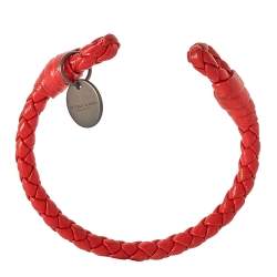 Pre Owned Bottega Veneta Intrecciato Red Nappa Leather Open Cuff Bracelet