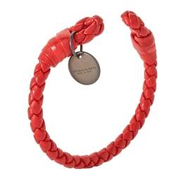 Pre Owned Bottega Veneta Intrecciato Red Nappa Leather Open Cuff Bracelet