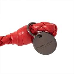 Pre Owned Bottega Veneta Intrecciato Red Nappa Leather Open Cuff Bracelet