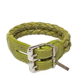 Pre Owned Bottega Veneta Green Intrecciato Leather Double Row Bracelet M