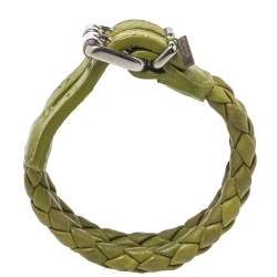 Pre Owned Bottega Veneta Green Intrecciato Leather Double Row Bracelet M
