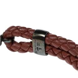 Pre Owned Bottega Veneta Brown Intrecciato Leather Sterling Silver Hook Bracelet S