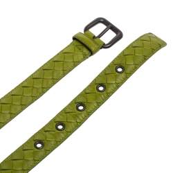 Pre Owned Bottega Veneta Apple Green Intrecciato Leather Buckle Belt 80CM
