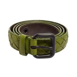Pre Owned Bottega Veneta Apple Green Intrecciato Leather Buckle Belt 80CM