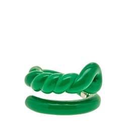 Pre Owned Bottega Veneta Green Enameled Sterling Silver Twist Ring Size IT 13
