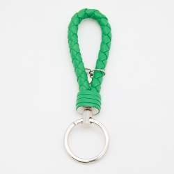 Pre Owned Bottega Veneta Green Intrecciato Leather Silver Tone Key Ring