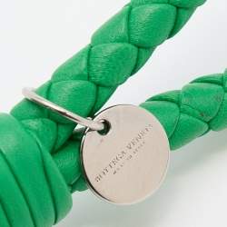 Pre Owned Bottega Veneta Green Intrecciato Leather Silver Tone Key Ring