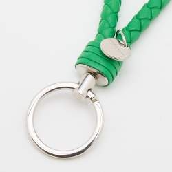 Pre Owned Bottega Veneta Green Intrecciato Leather Silver Tone Key Ring