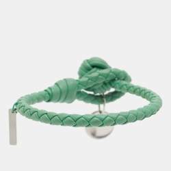 Pre Owned Bottega Veneta Green Leather Intrecciato Knot Bracelet S