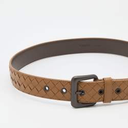 Pre Owned Bottega Veneta Brown Intrecciato Leather Buckle Belt 85CM