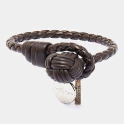 Bottega Veneta Brown Intrecciato Leather & Silver Charm Bracelet S