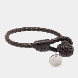 Bottega Veneta Brown Intrecciato Leather & Silver Charm Bracelet S