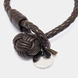 Bottega Veneta Brown Intrecciato Leather & Silver Charm Bracelet S