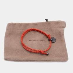 Pre Owned Bottega Veneta Intrecciato Orange Leather Gunmetal Tone Adjustable Double Cord Bracelet