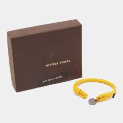 Pre Owned Bottega Veneta Intrecciato Nappa Gold Tone Open Cuff Leather Bracelet M
