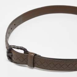 Pre Owned Bottega Veneta Brown Intrecciato Leather Slim Buckle Belt 85CM