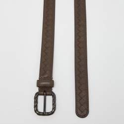 Pre Owned Bottega Veneta Brown Intrecciato Leather Slim Buckle Belt 85CM