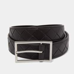Pre Owned Bottega Veneta Black Intrecciato Leather Buckle Belt 95CM