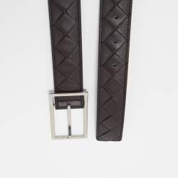 Pre Owned Bottega Veneta Black Intrecciato Leather Buckle Belt 95CM