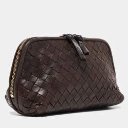 Pre Owned Bottega Veneta Dark Brown Intrecciato Leather Beauty Pouch