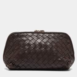 Pre Owned Bottega Veneta Dark Brown Intrecciato Leather Beauty Pouch