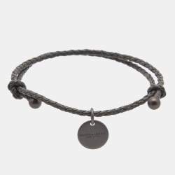 Bottega Veneta Intrecciato Leather Gunmetal Tone Adjustable Bracelet