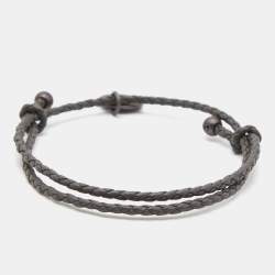 Bottega Veneta Intrecciato Leather Gunmetal Tone Adjustable Bracelet