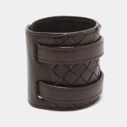 Pre Owned Bottega Veneta Dark Brown Intrecciato Leather Double Buckle Wrap Bracelet