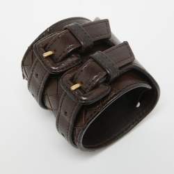 Pre Owned Bottega Veneta Dark Brown Intrecciato Leather Double Buckle Wrap Bracelet