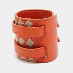 Bottega Veneta Orange/Beige Intrecciato Leather and Jute Double Buckle Wrap Bracelet