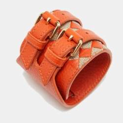 Bottega Veneta Orange/Beige Intrecciato Leather and Jute Double Buckle Wrap Bracelet