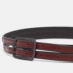 Pre Owned Bottega Veneta Burgundy Intrecciato Leather Double Strap Buckle Belt 75CM