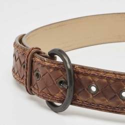 Pre Owned Bottega Veneta Brown Intrecciato Leather Buckle Belt 80 CM