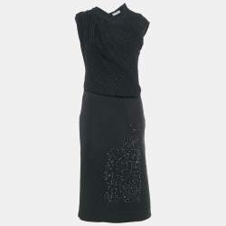Bottega Veneta Black Wool & Patterned Knit Sleeveless Midi Dress M
