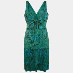 Pre Owned Bottega Veneta Blue/Green Marble Print Satin Plisse Short Dress M