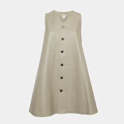 Bottega Veneta Grey Leather Button Front Sleeveless Short Dress S