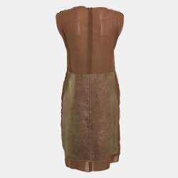 Bottega Veneta Brown Leather Round Neck Sleeveless Short Dress S