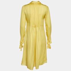 Bottega Veneta Yellow Silk Pleated Detail Tie Neck Dress M