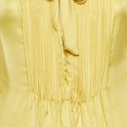 Bottega Veneta Yellow Silk Pleated Detail Tie Neck Dress M