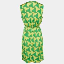 Pre Owned Bottega Veneta Green/Yellow Wavy Triangle Print Parachute Silk Mini Dress S