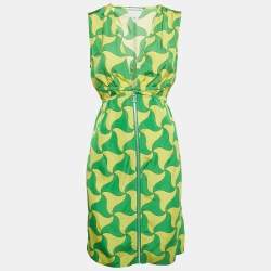 Pre Owned Bottega Veneta Green/Yellow Wavy Triangle Print Parachute Silk Mini Dress S