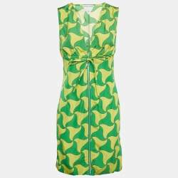 Pre Owned Bottega Veneta Green/Yellow Wavy Triangle Print Parachute Silk Mini Dress S
