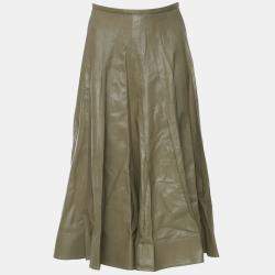 Pre Owned Bottega Veneta Pleated Leather Midi Skirt IT 38