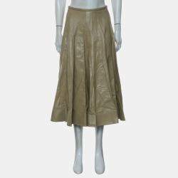 Pre Owned Bottega Veneta Pleated Leather Midi Skirt IT 38
